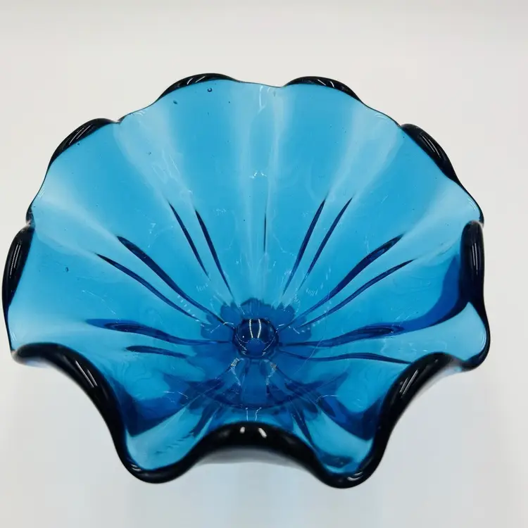 MCM L E Smith Glass Pedestal Peacock Blue Bowl With Ruffled Rim Rippled Sides 7”