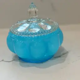 Fenton Blue Opalescent Beaded Melon Lidded Trinket Or Candy Dish