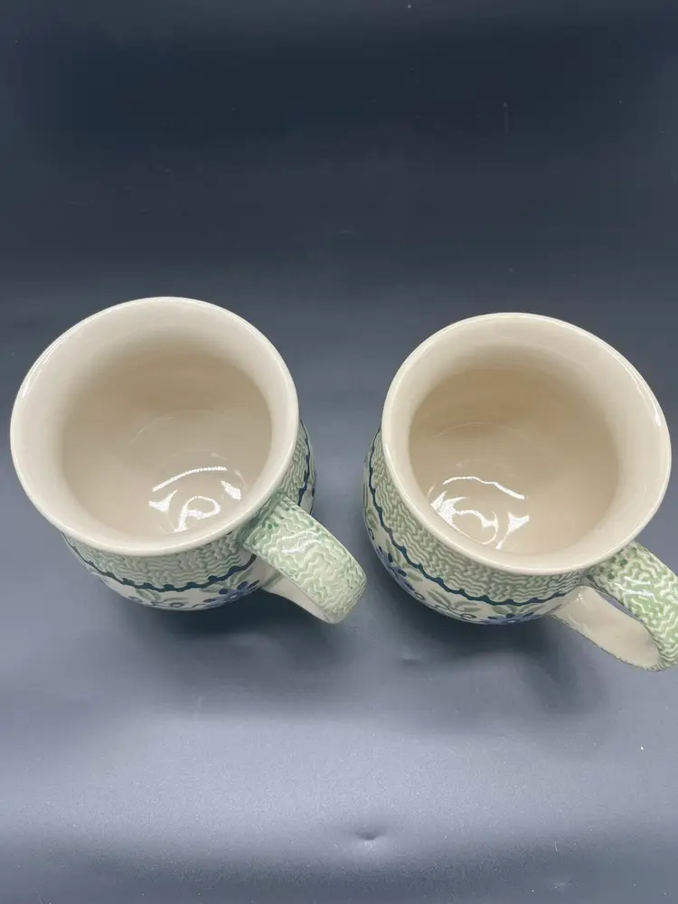 Pair of Vintage Boleslawiec Polish Pottery Mugs - Hand-Painted Floral & Green Band