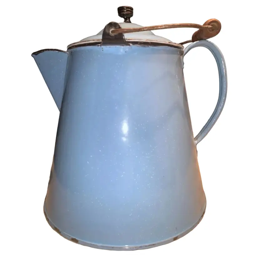 Enamelware Coffee Pot Kettle baby Blue Speckled 9 1/4” tall Large- Vtg