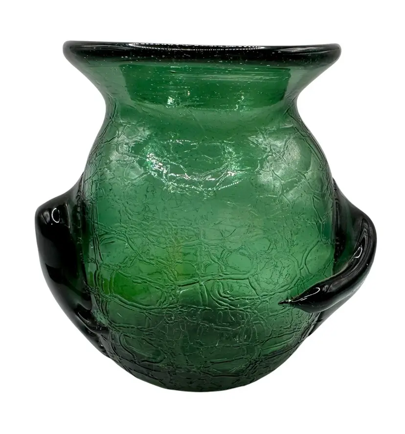 Hand Blown Studio Art Glass Vase Dark Green Crackle Textured Applied Heavy 6”