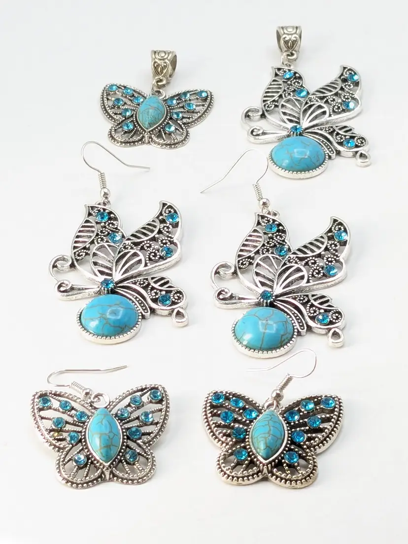 Butterfly Dangle Earrings Pair and Two Pendants Blue Rhinestones Silver Tone