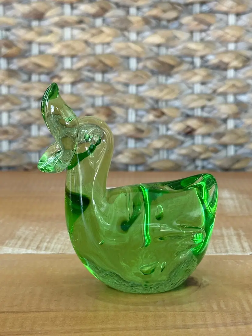 Green Art Glass Duck Figurine Paperweight Glass