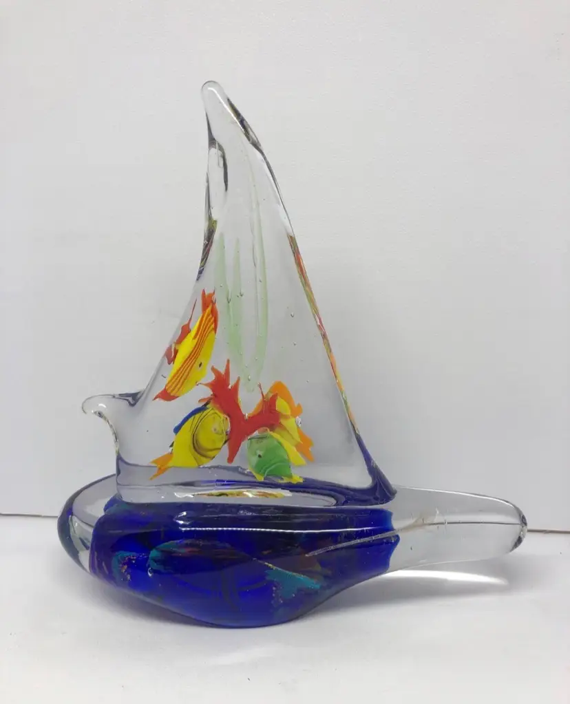 Hand-Blown Art Glass Sail Boat and Fish Paperweight