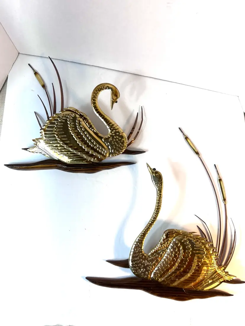 Vintage Swan Bird Brass Copper Wall Art Decor with Cattails and Wood MCM