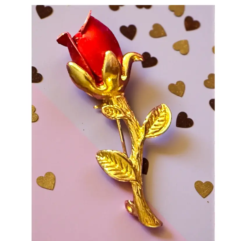 Vintage Gold Plated Red Rose Brooch  2”x 3/4”