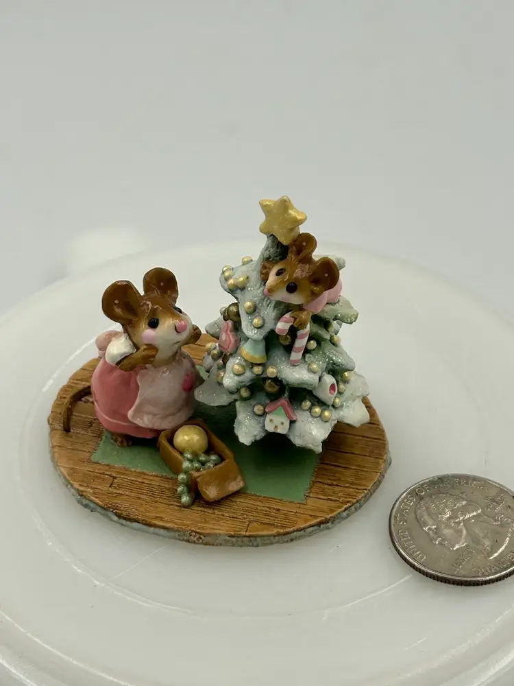 Wee Forest Folk Christmas Figurine – Scamper Raising Cane (pink)- Mouse Figurine