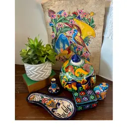 Colorful Hand Painted Talavera Mexico Terracotta Pottery Vignette