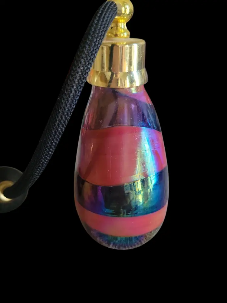 #01 Beautiful iridescent perfume bottle thick glass atomizer works, can't seem to get top off 6" tall x 4" w wonderful on display