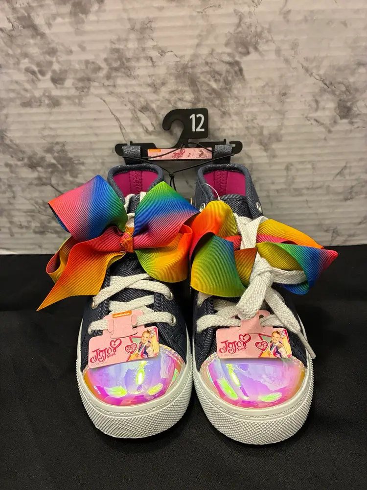 JoJo Siwa High Top Shoes Size 12 Sparkle Denim Blue w/ Rainbow Bow NWT Sneakers