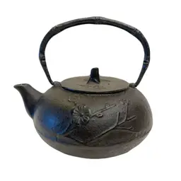 Vintage Tetsubin Cast Iron Tea Pot Embossed Cherry Blossom Bamboo Style Handle