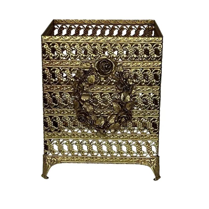Hollywood Regency Gold Metal Filigree Rose Embellishment Square Tissue Box Cover