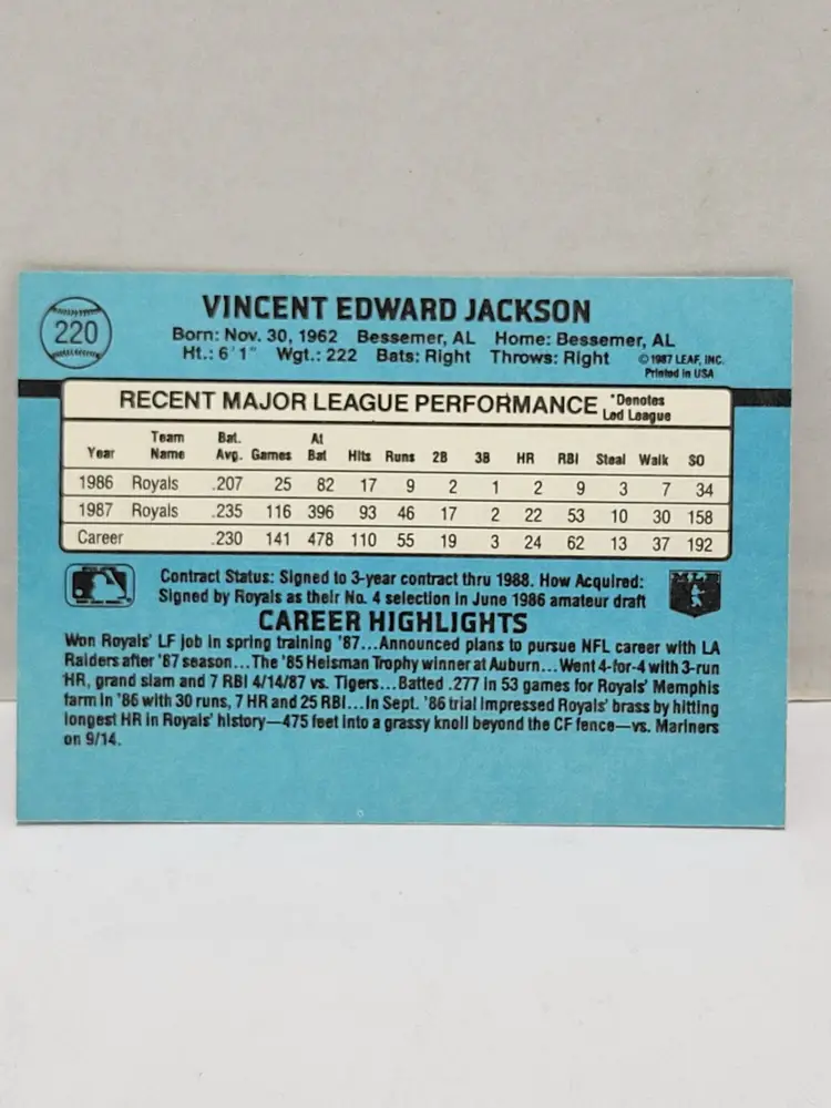 1988 Donruss Bo Jackson #220 Kansas City Royals Major League MLB Baseball Card