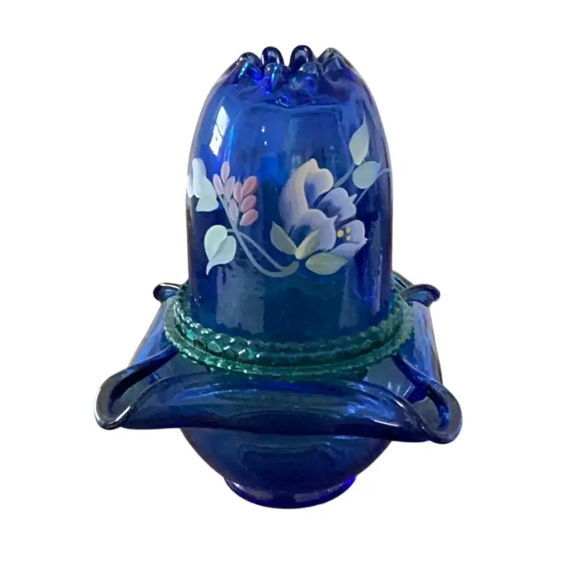 3-piece Fenton Cobalt/Spruce Fairy Light HP By Stacy Williams And Signed By George And Mike Fenton 7” X 5”