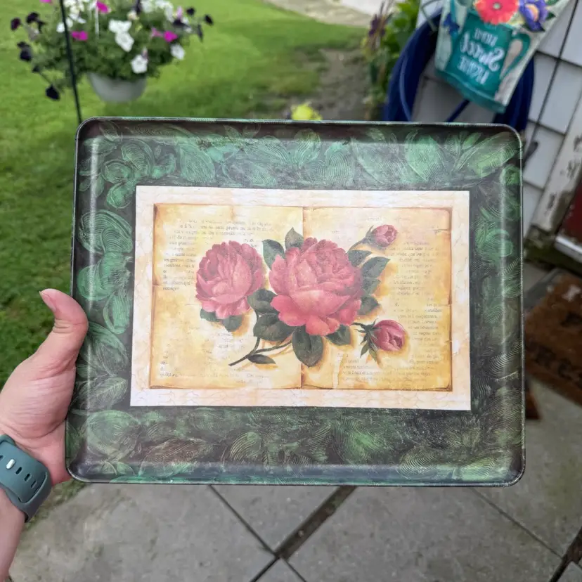 Vintage Green Victorian Floral Labrazel Made In Italy Decorative Tray 12x9.5”