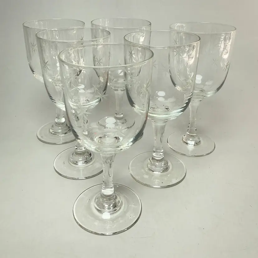 6 Vintage MCM Atomic Small Wine Cordial Glasses Star Dust C G Quartzex Crystal