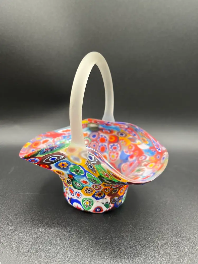 Italian Murano Multicolor Millefiori Satin Art Glass Basket 5”