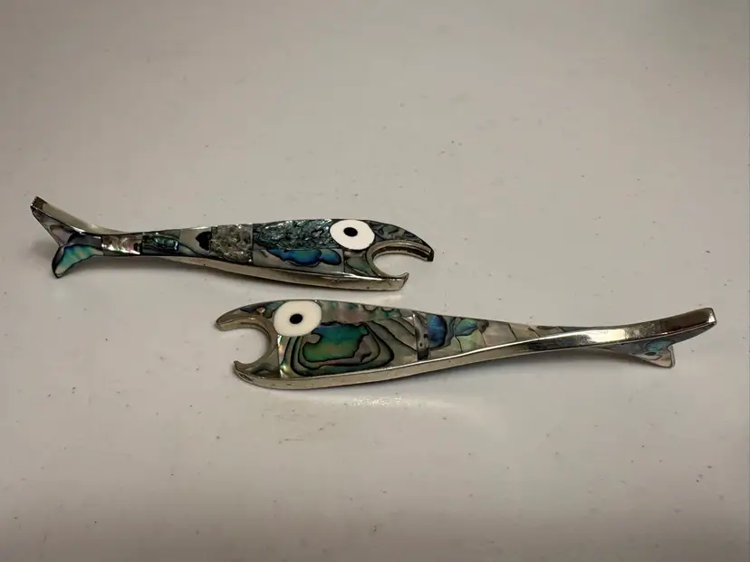 Vintage Abalone Shell & MOP Inlay Fish Bottle Openers Mexico MCM Twisted Tail