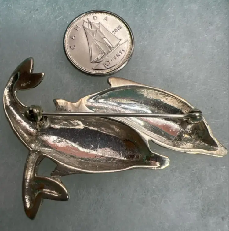 925 Sterling Silver Large Double Dolphin Swimming Brooch