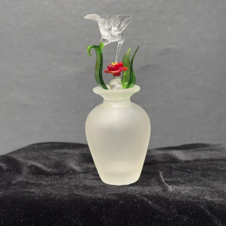 #1420 Silvestri, Vintage, Frosted Perfume Bottle with Hummingbird on UV red flower,