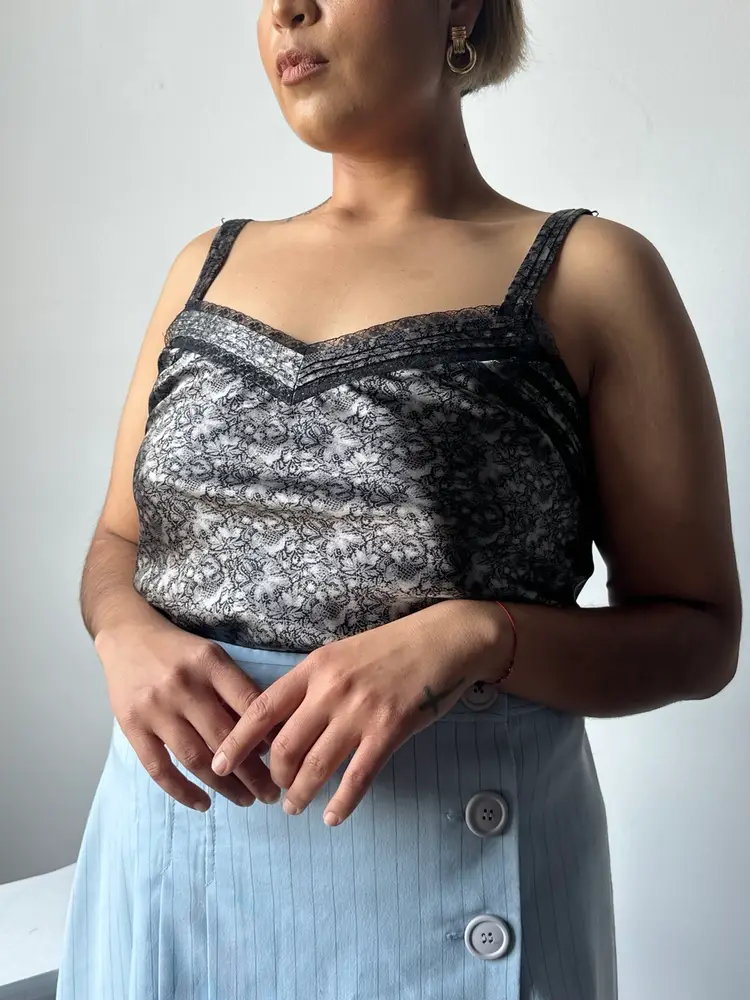 SILVER FLORAL SILK TANK TOP
