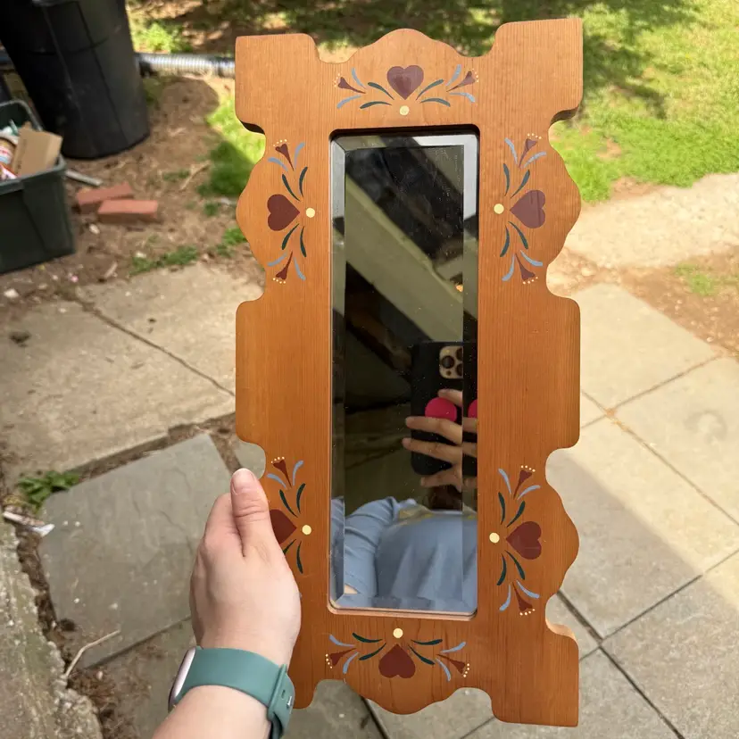 Vintage Folk Art Heart Hand Painted Mirror Rustic Boho Scalloped 16”x8”