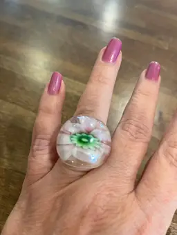 Vintage Blown Glass Floral Ring Bubble Glass Pink Green Size 7