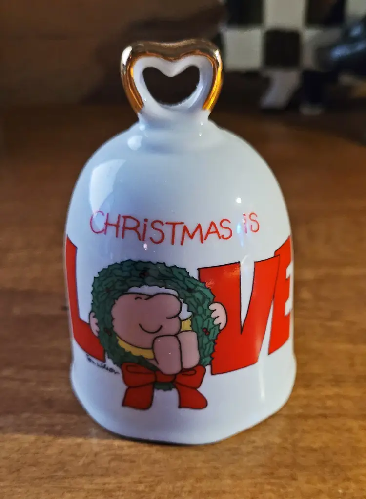 Vintage Ziggy "Christmas is LOVE" Ceramic Bell with a Gold Tone Heart Handle c. 1979