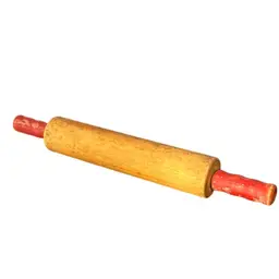 Vintage wooden rolling pin with red painted handles.