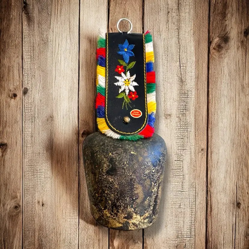 Antique Vtg Swiss Austrian German Metal Cow Bell Hand Wrought Embroidered Strap