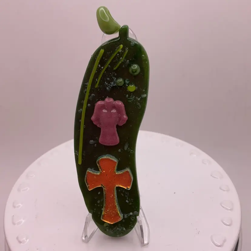 Made by Me! Fused Glass Guardian Angel with Cross "In a Pickle" Ornament 3.25” Handcrafted Studio Art