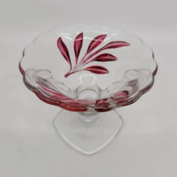 Vtg Indiana Glass Oleander Willow Pattern Cranberry Double Handle Compote Bowl