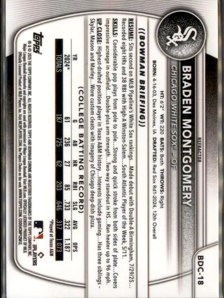 2025 Bowman Draft #BDC-18 Braden Montgomery Chrome Refractor - (138) - Chicago White Sox