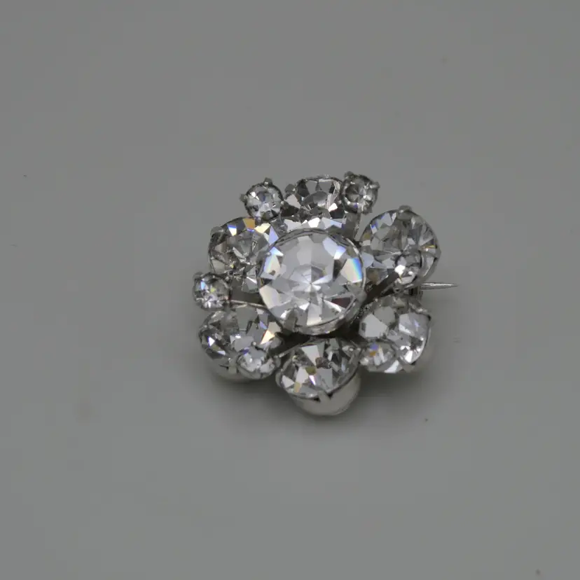 Vintage CORO Small Faceted Clear Rhinestone Brooch Pin 3 Layered Tier Silver Tone Metal 1" Round