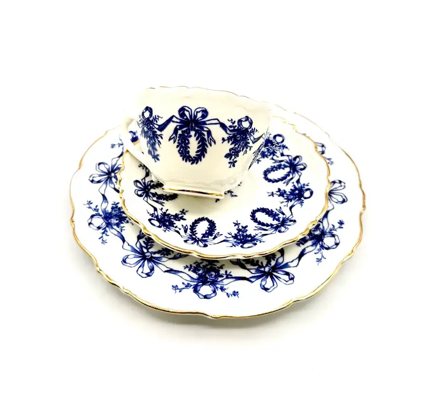 (1920s) Coalport Queensbury Teacup and Saucer Trio Set Scalloped Butter Plate Tea cup Swag Garland Bow Ribbon Laurel Leaves Blue.