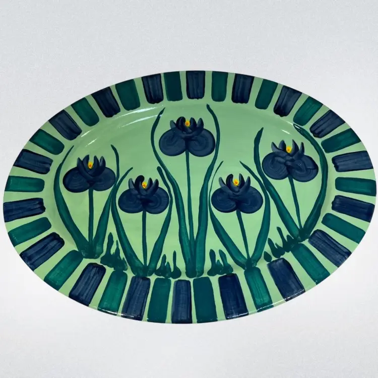 Signed- Lorrie Veasey “Our Name is Mud” Pottery- Hand-Painted -Ceramic Platter – Iris Design – 12.5″ × 9.5″ – New York City- Studio Pottery