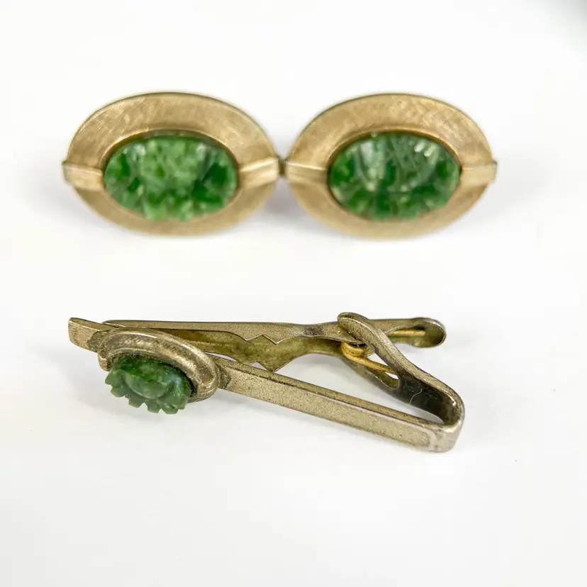 Vintage Cufflinks and Tie Clip Set Carved Stone Sterling Silver