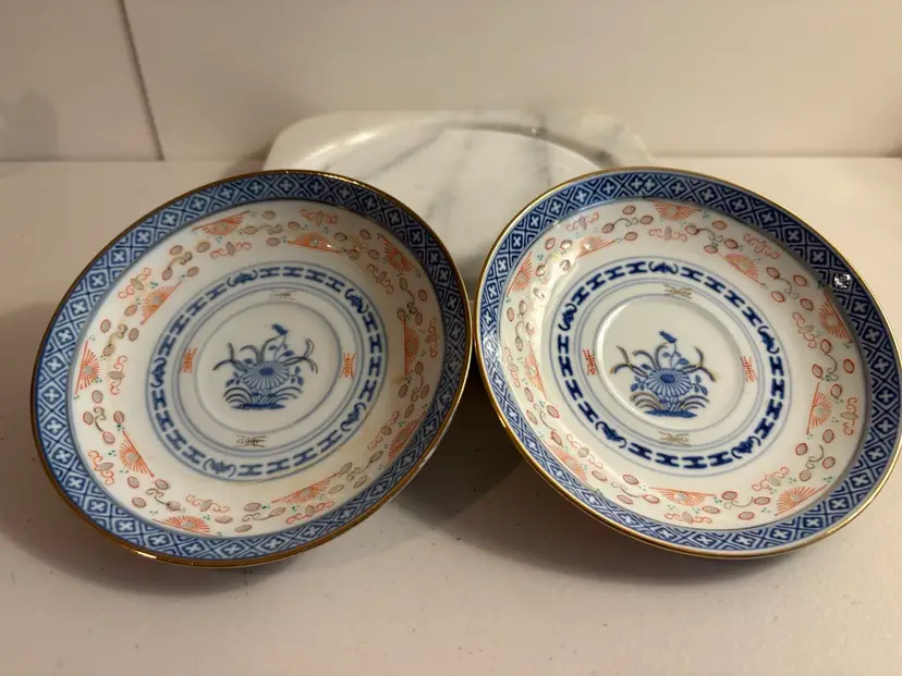 Vintage Chinese Rice Grain Orange/Blue Jingdezhen Porcelain 5.75" Sauce Plate