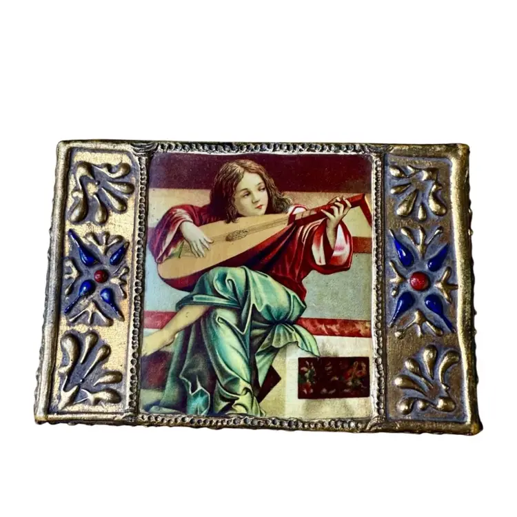 Vintage Florentine Jewelry Box, Hinged Lid, Angel Playing The Lute, Italy AS IS