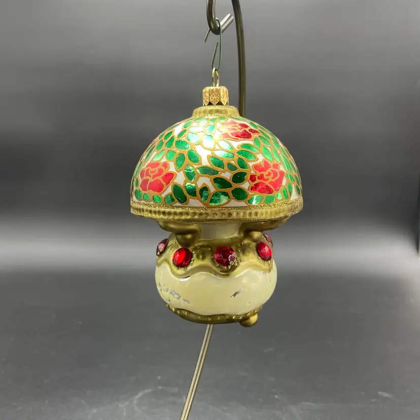 Glass Vintage Lamp Hanging Christmas Ornament Roses Red Beads Holiday Decor