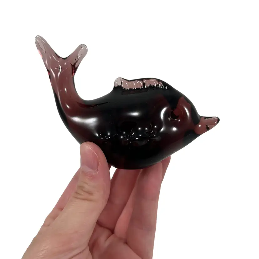 Plum Purple Art Glass Dolphin Fish Paperweight Figurine