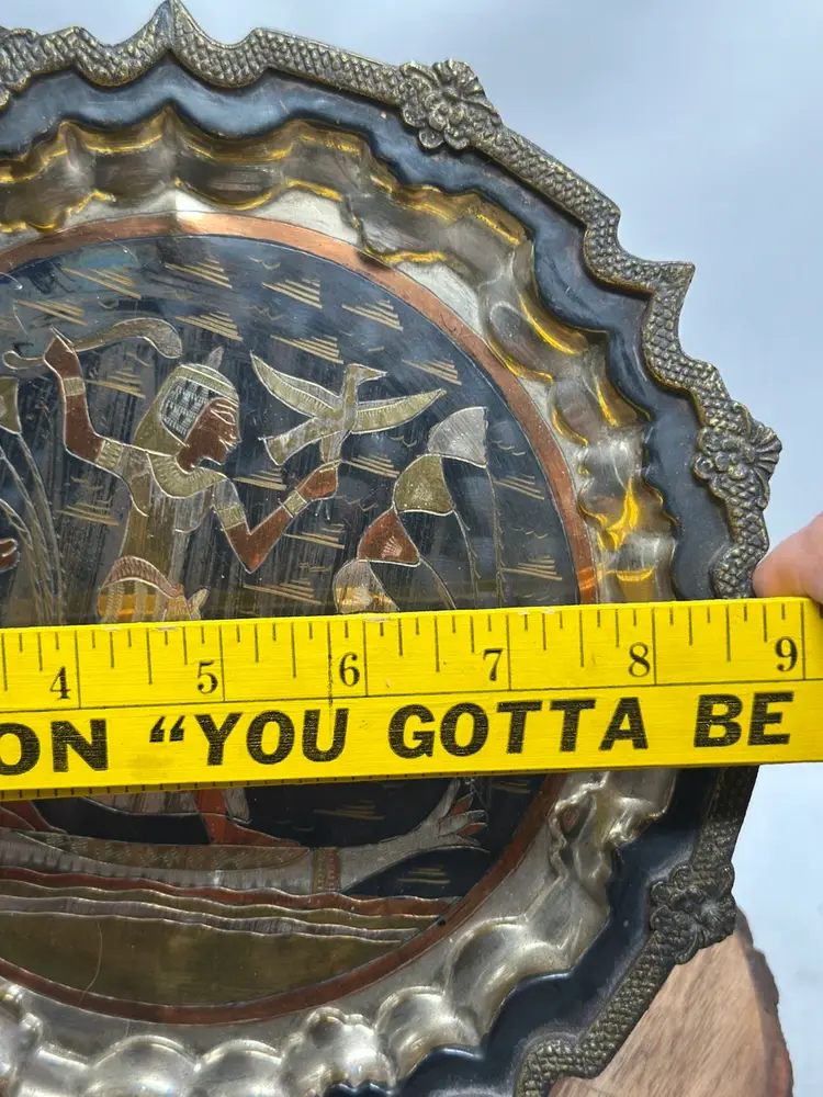 Vintage Unique Copper Brass Silver Egyptian Plate Etched Pharaoh Art