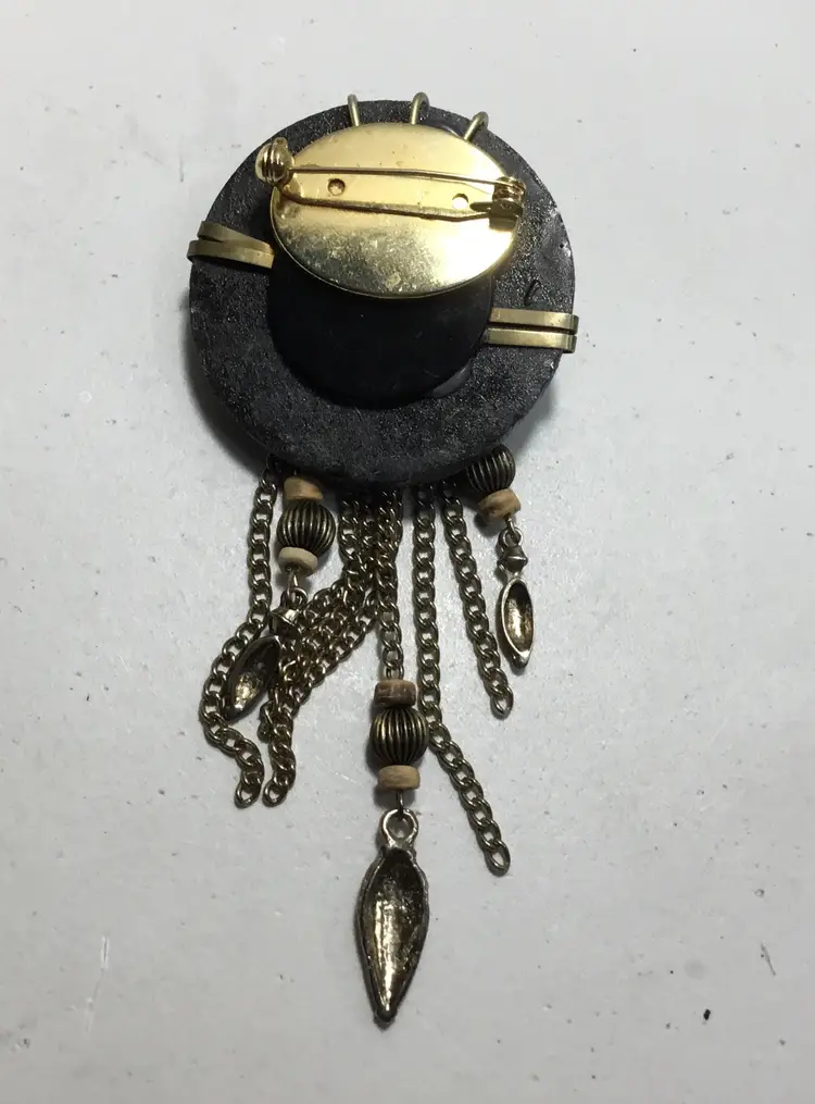 Tribal/brutalist brooch, faux stone, brass, ceramic, cos play