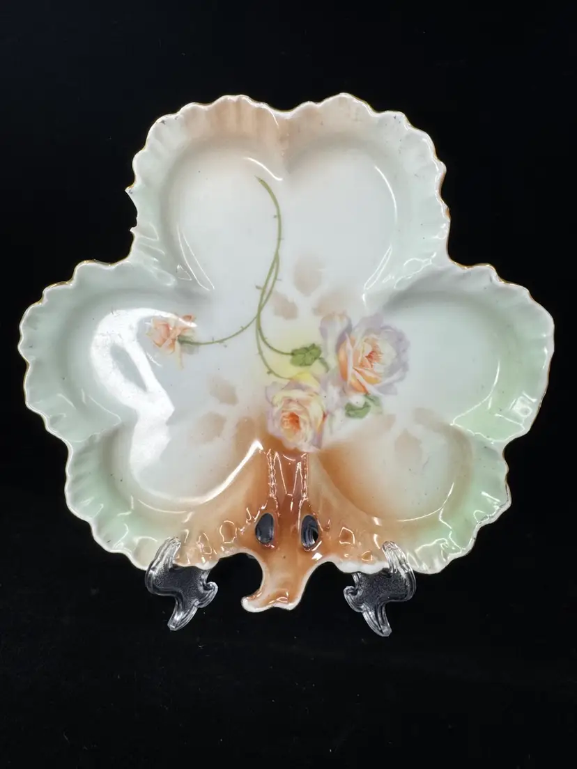 Antique Royal Rudolstadt Prussia hand-painted porcelain clover dish with roses, Chip As Shown
