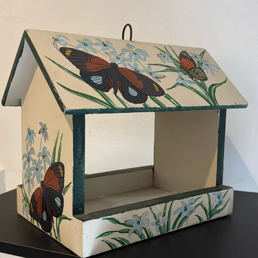 Butterfly Wooden Hanging Bird Feeder – Hand-Painted Garden Decor