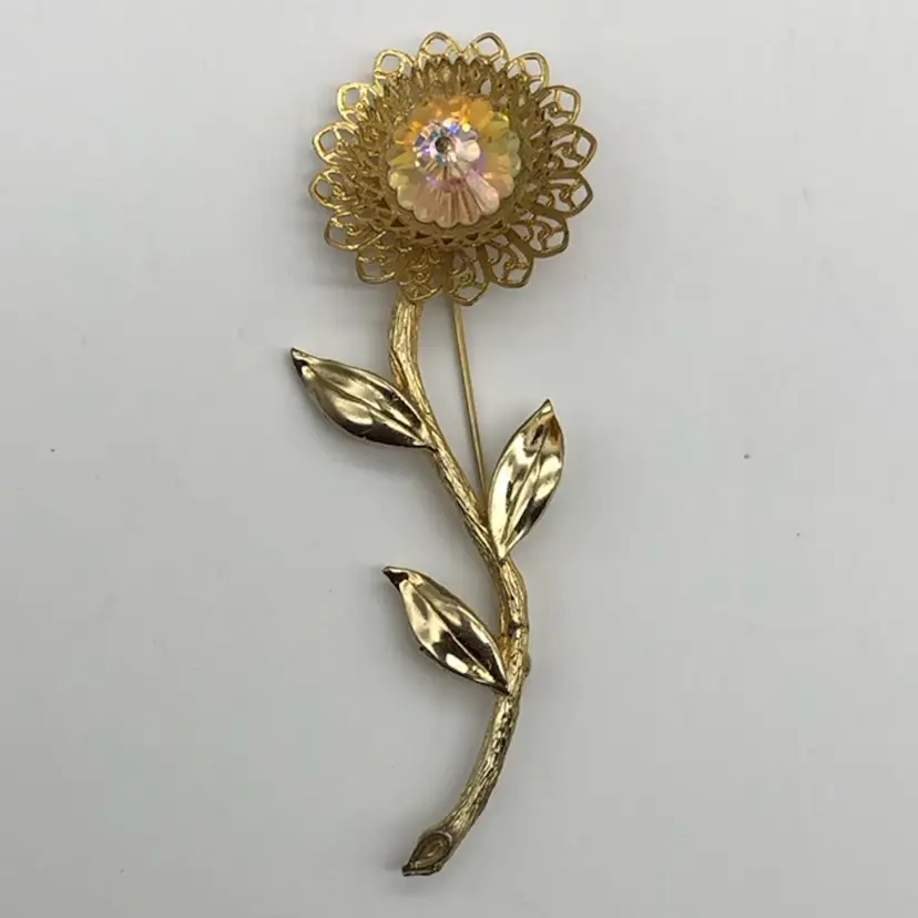 Interactive Flower Brooch Pin Gold tone with AB Stones 4"H x 1 1/4"W