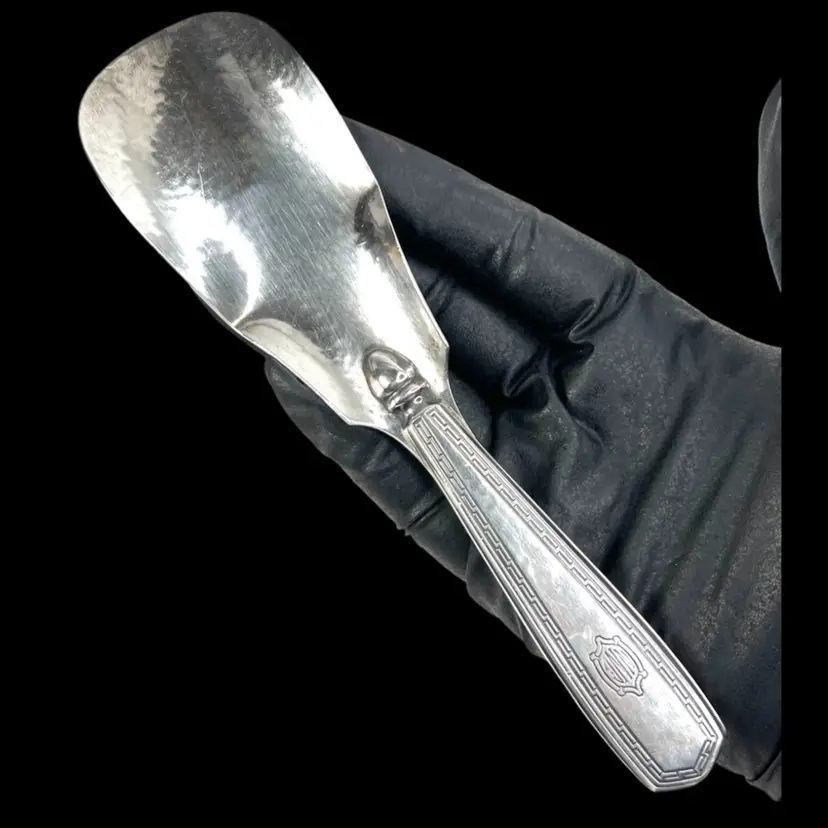 Sterling Silver Vintage 7” Shoe Horn. Hammered Texture. Monogrammed “NNE”. Hallmarked “Sterling” And ”5400 H.M.E.”