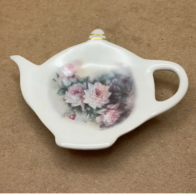 POW3 Porcelain Treasures Teabag Holder Trinket Dish Hand Painted 4.25”
