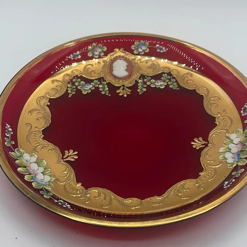 Bohemian Hand Decorated Ruby, Red Plate With Gold Highlights Hand Painted Flowers Cameo 7.5 Inches
