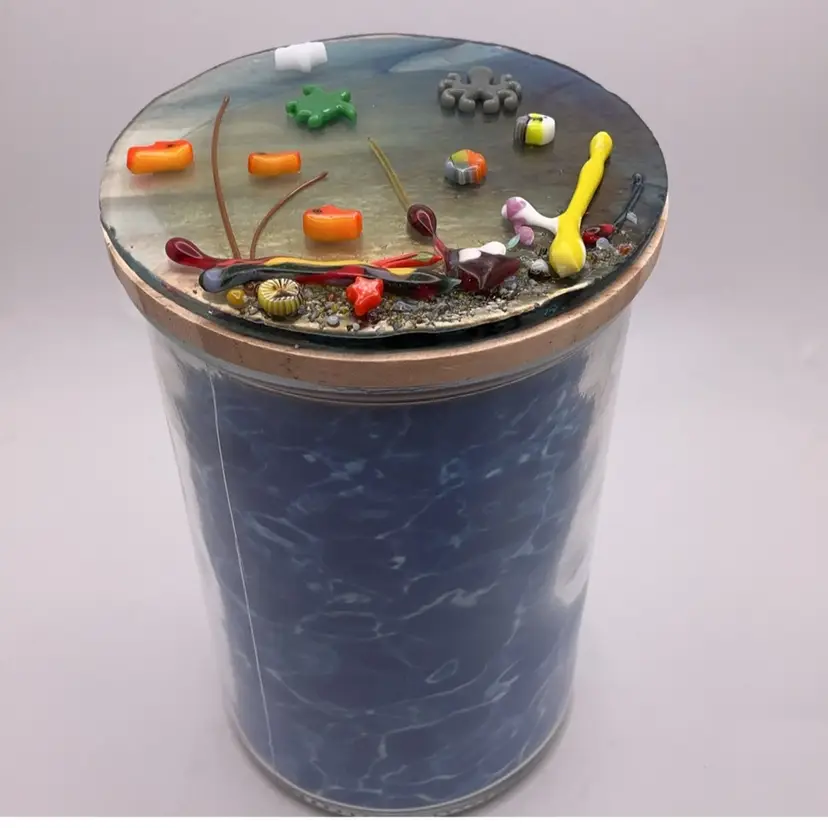 #01 Made by Me! Fused Glass 3D Ocean Panel on Glass Canister 6.25"T x 4"D Handcrafted Studio Art